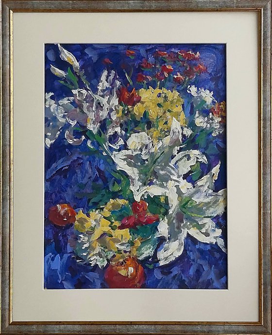 flowers and fruits on blue
