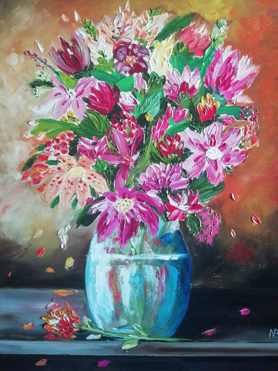 Bouquet of June, floral still life, flowers, original oil painting by Nataliia Plakhotnyk
