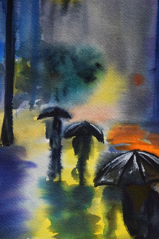 Rainy night New York original watercolor painting, abstract cityscape