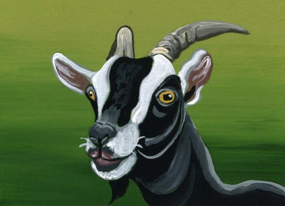 ACEO ATC Original Miniature Painting Black Goat Farmyard Art-Carla Smale