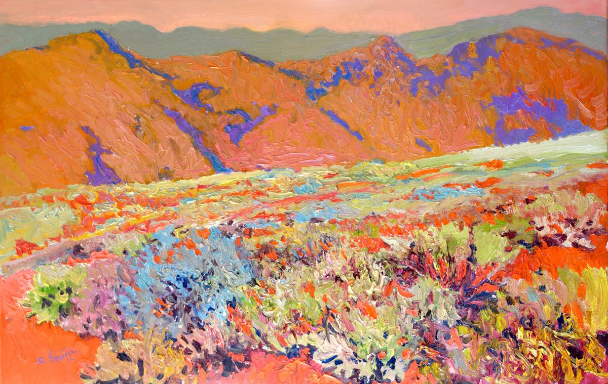 Expressive Landscape Oil Painting By Suren Nersisyan, 48 X 30", Spring In The Desert, Original Artwork