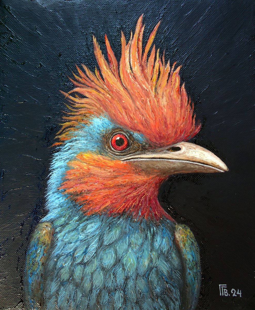 Photorealistic Animal Oil Painting By Grigor Velev, 9 X 10, Fiery Plumes, Original Artwork