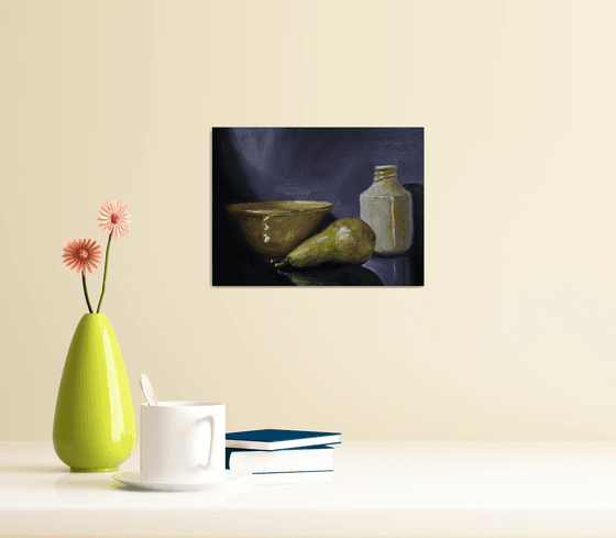 Original oil painting Pear with Japanese Bowl, still life.
