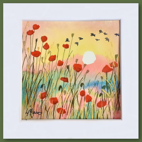 Poppies in the Sun Two - mounted watercolour, small gift idea