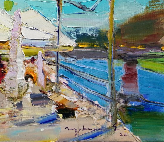 . Embankment of the old city of Uzhgorod. Ukrainian landscape. Original plein air oil painting .