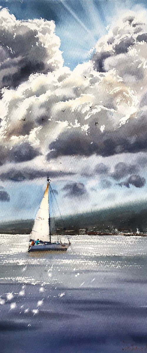 Sailboat and clouds #2 - 38x56 cm by Eugenia Gorbacheva