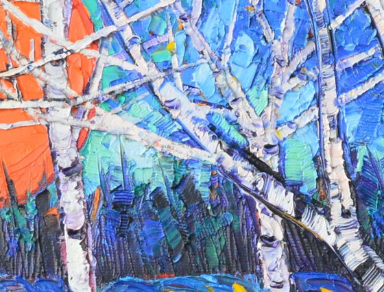 FALL BIRCHES AT SUNRISE 70x50 cm palette knife landscape contemporary impressionistic oil painting