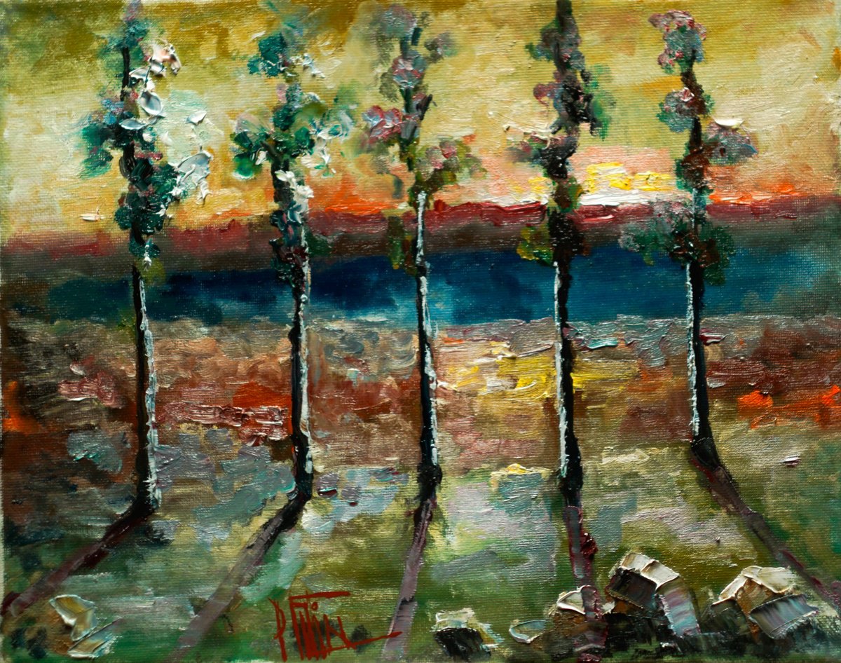 Impressionistic Landscape Oil Painting By Pavel Filin, 12 X 10", Shadows Of Sunset, Original Artwork