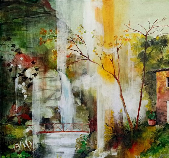 The house on the waterfall -   landscape - original painting