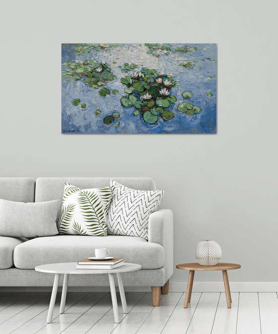 White Water Lilies - Large Original Oil painting 120 x 70 cm