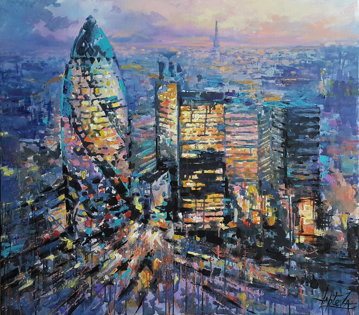 Expressive Landscape Acrylic Painting By Viktoria Lapteva, 31 X 28", Evening London, Original Artwork