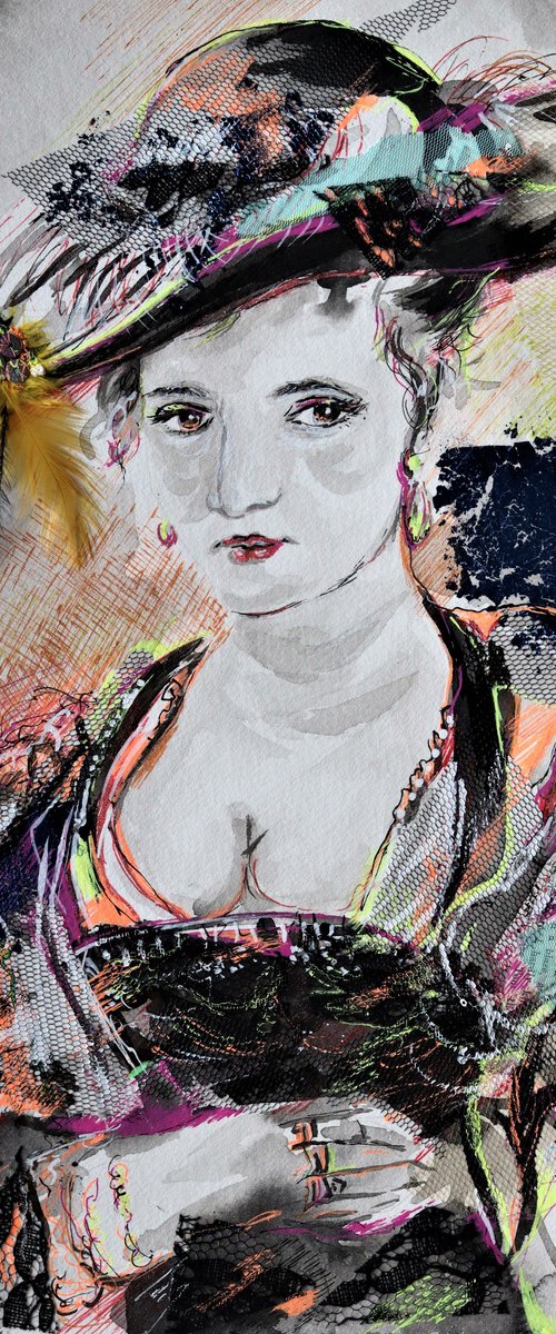 Susanna Lunden inspired by Rubens - Portrait mixed media drawing on paper by Antigoni Tziora