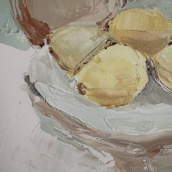 Still life fruits palette knife lemons carafe