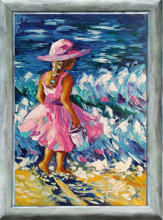 To meet the sun - oil painting, child, sea, sea and beach, childhood, sea and sky, girl, holiday, seascape, children