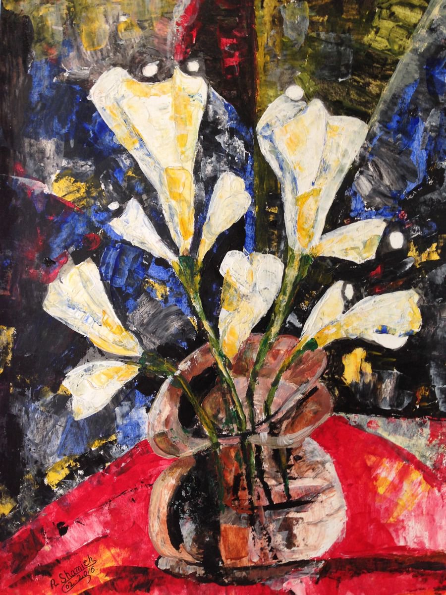 Abstract Still Life Acrylic Painting By Abdelrahman Shamieh, 13 X 18, Flowers, Original Artwork