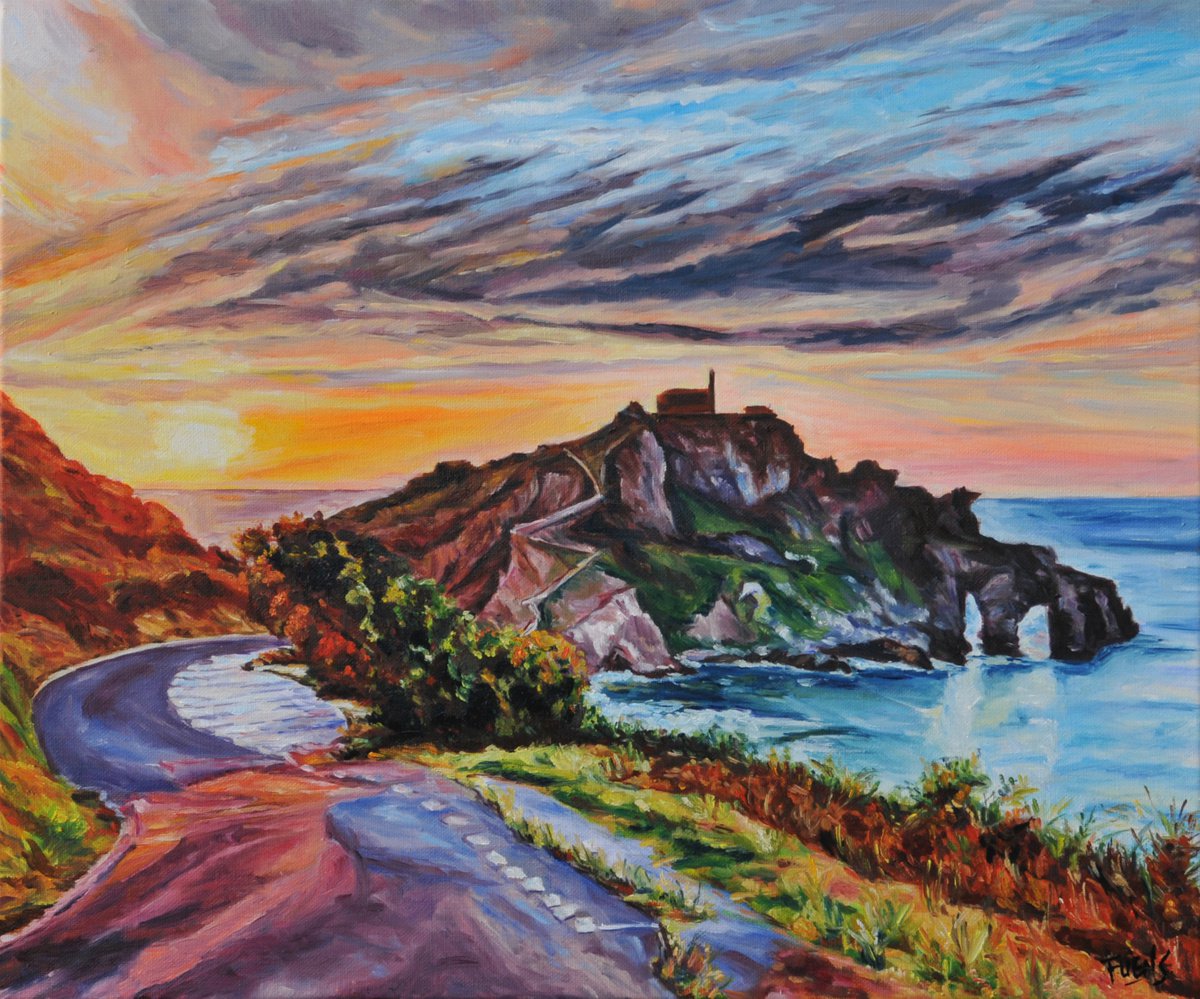 Impressionistic Landscape Oil Painting By Fuensanta Ruiz Urien, 22 X 18, San Juan De Gazteluatxe, Original Artwork