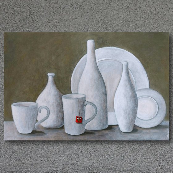 White still life with a red cardinal
