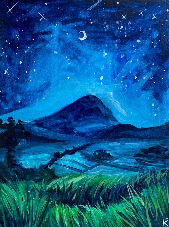 Starry Night Original Gouache Painting, Mountain Artwork, Moon Wall Art, Cottagecore Aesthetics