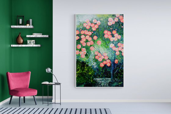 Pink flowers on the tree. Original oil painting on canvas. Extra large oil painting