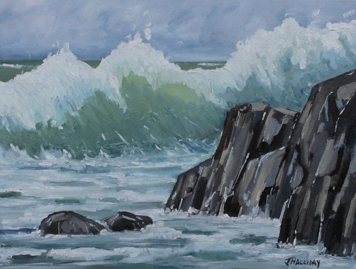 Impressionistic Landscape Oil Painting By John Halliday, 16 X 12, Crashing Wave, Original Artwork