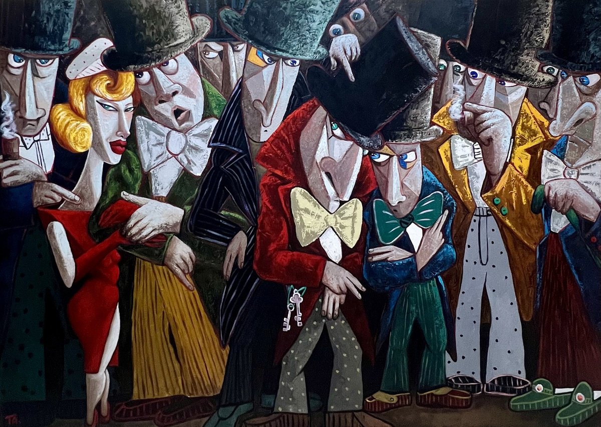 Surrealistic Oil Painting , Conspirators And Lady In Red By Ta Byrne, 71 X 51, Artwork For Sale On Artfinder