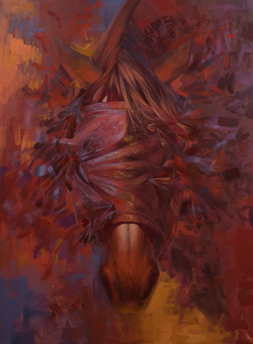 Surrealistic Animal Oil Painting By Anastasia Parfilo, 35 X 47, Red Protection, Original Artwork