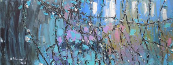 Blooming ivy - palette knife impasto painting impressionistic alla prima original artwork horizontal large