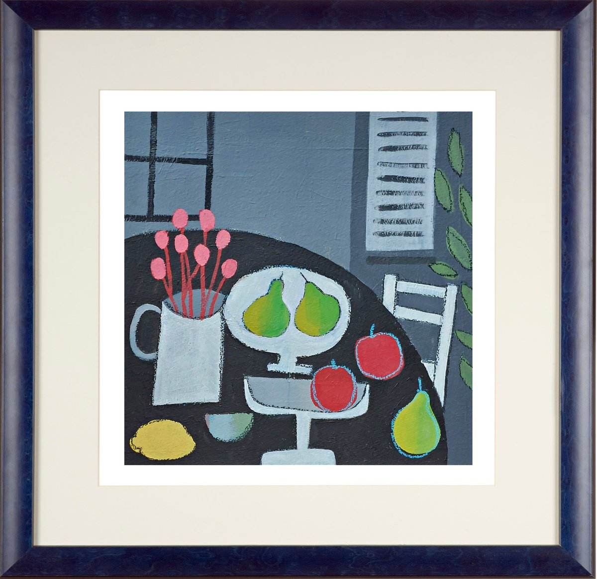 Naive Still Life Acrylic Painting By Jan Rippingham, 15 X 15, Still Life And 3 Pears, Original Artwork