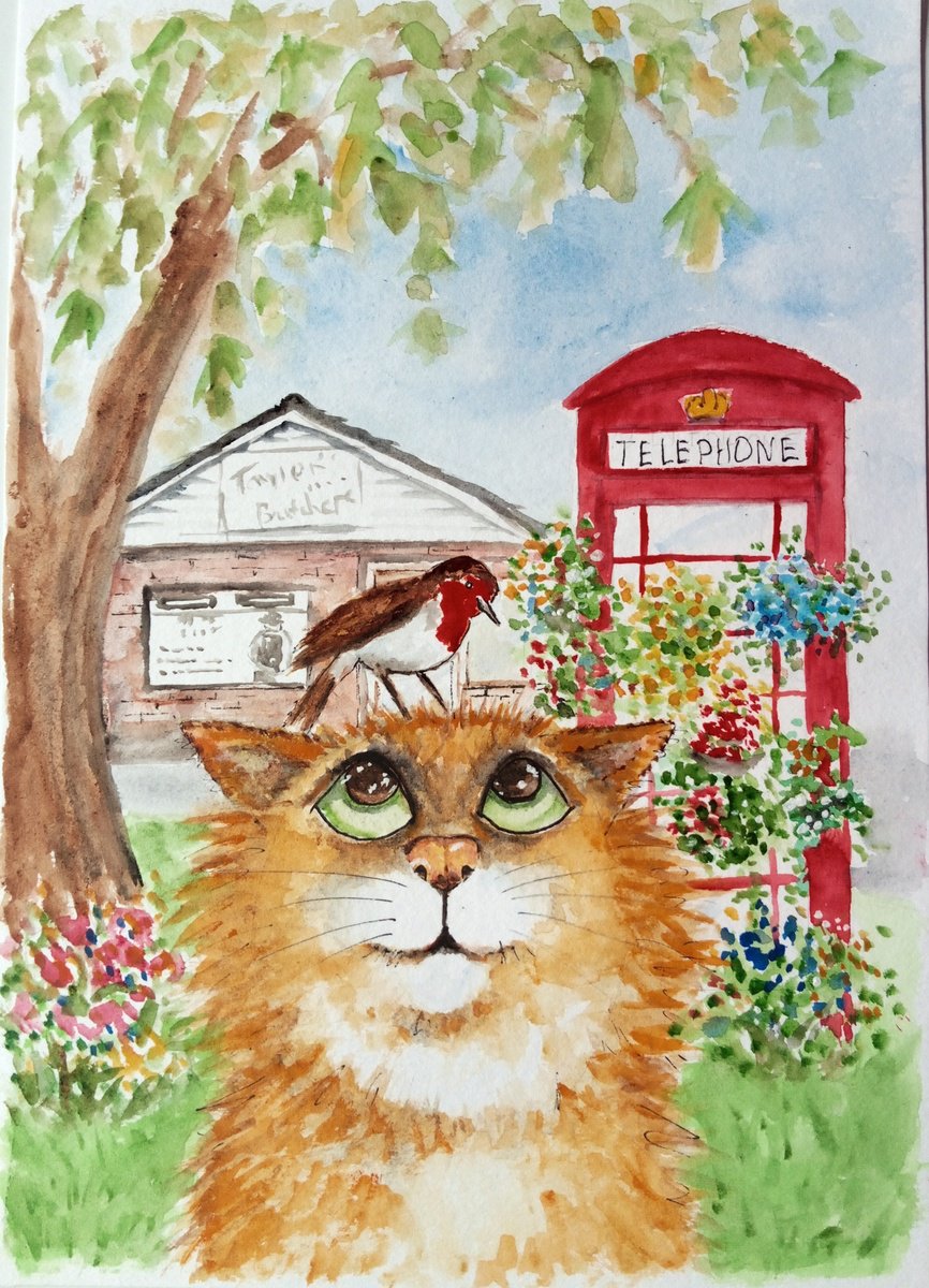 Kitty Cat at the Village. Robin bird, telephone booth with flowers by MARJANSART