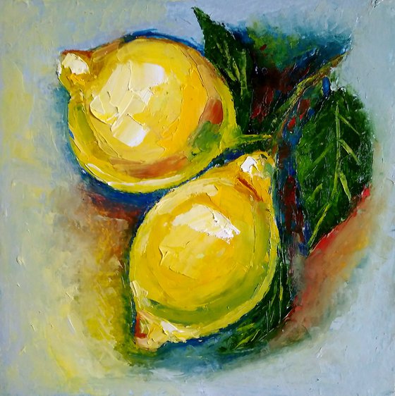 Lemon Painting Original Art Fruit Artwork Citrus Wall Art Small Square Kitchen Decor