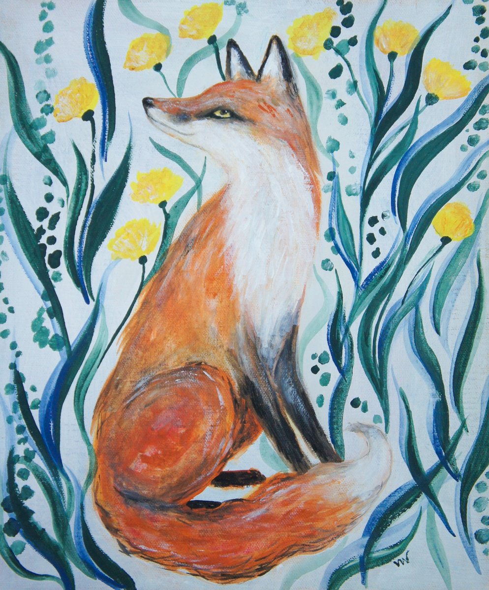 Fox With Yellow Poppies by Victoria Lucy Williams