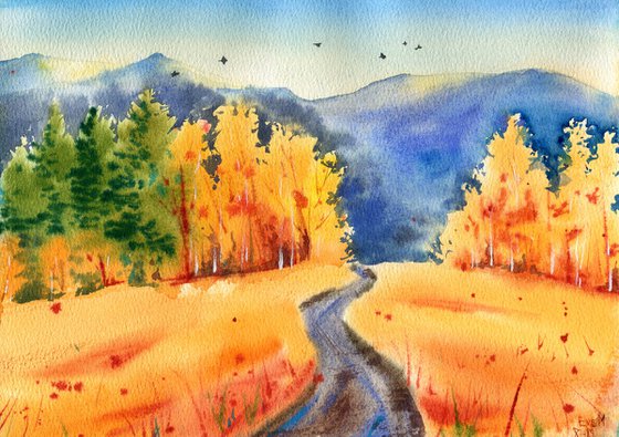 Colorful autumn landscape. The road to the mountains. Original watercolor artwork.