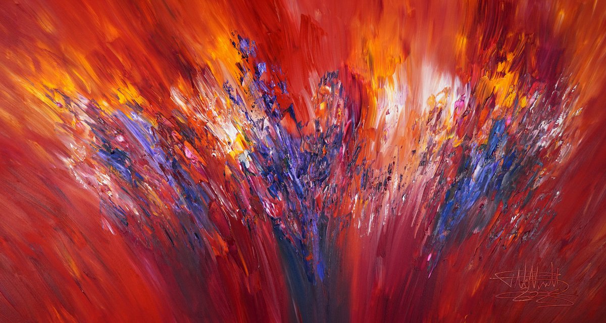 Abstract Acrylic Painting By Peter Nottrott, 61 X 33", Red Energy C 7, Original Artwork