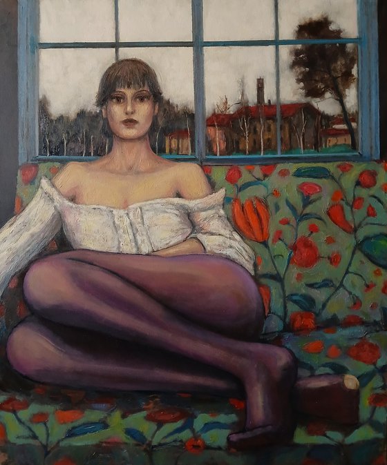 Woman in purple stockings
