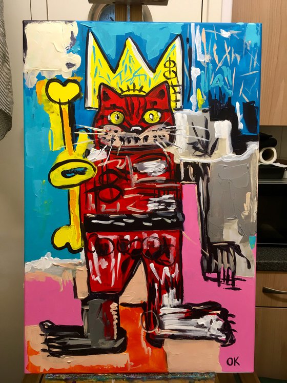 King Cat Troy  in a CROWN ( 81 x 51cm, 32 x 20 inches,) version of famous painting by Jean-Michel Basquiat