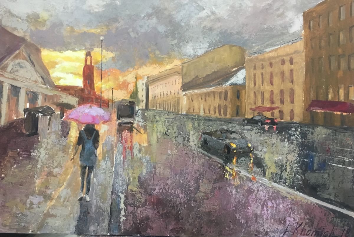 Woman under an umbrella landscape painting by Leo Khomich