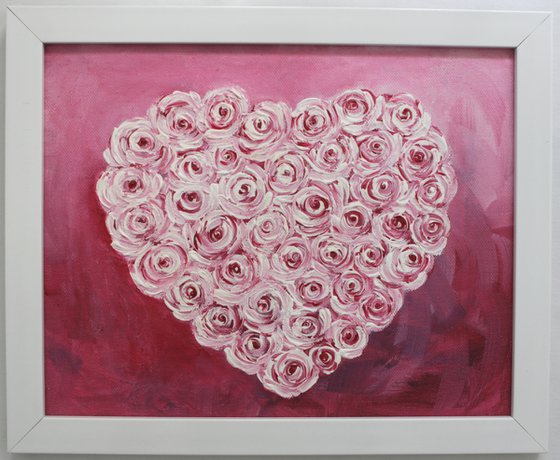 Heartful of roses - Be my valentine ! - Acrylic painting on unstretched canvas and framed - ready to hang - gift