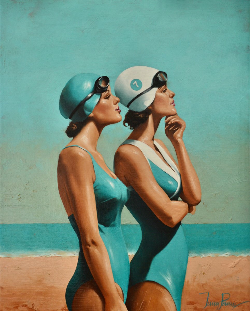 Impressionistic Portrait Oil Painting By Johnny Popkess, 16 X 20, Sentinels - In Turquoise, Original Artwork