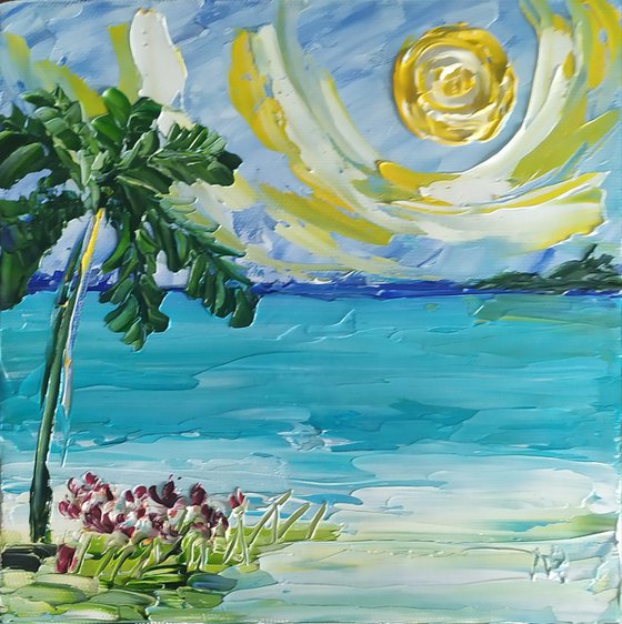 Sunny beach, small impasto oil painting, landscape, sea, sky, palms