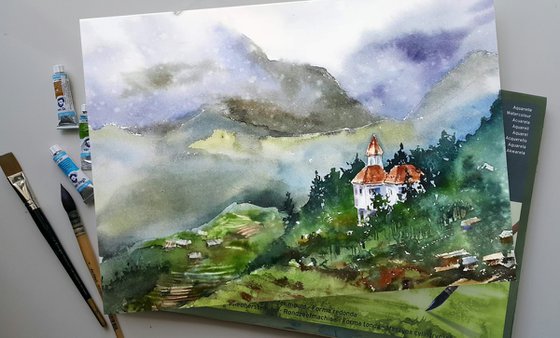 Watercolor landscape. Mountain village. Sapa. Vietnam