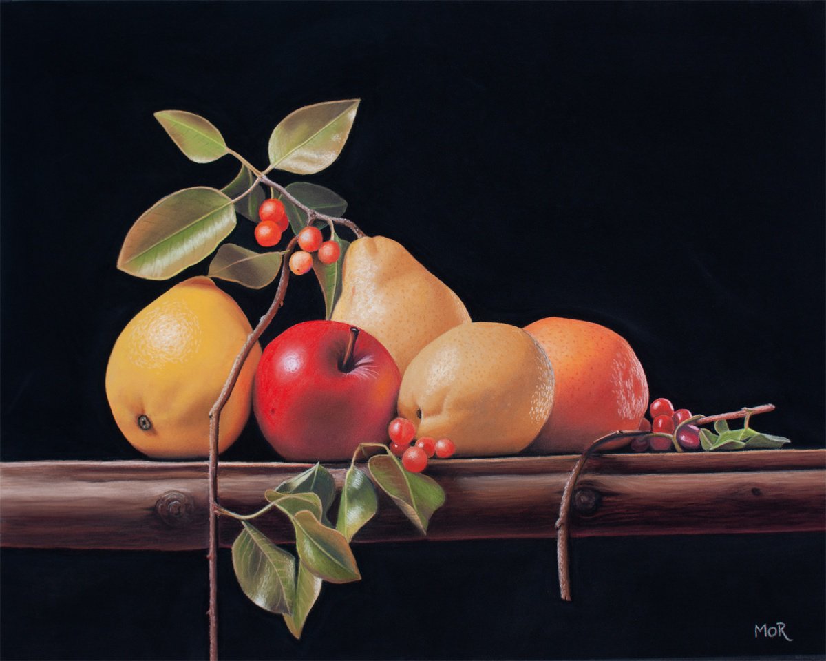 Photorealistic Still Life Pastel Drawing By Dietrich Moravec, 20 X 16, Fruit Arrangement, Original Artwork
