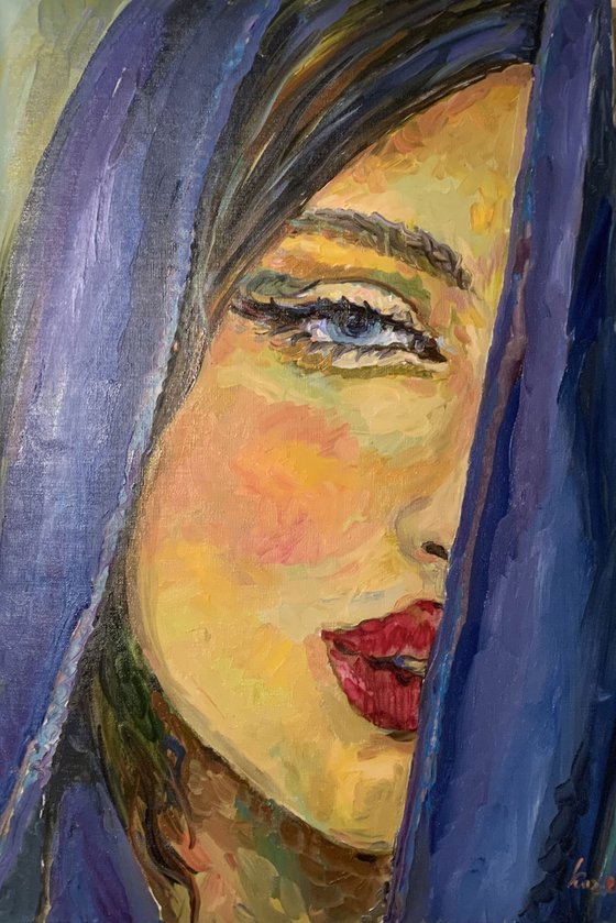 GIRL IN BLUE- female portrait, face, love, original oil painting, lips, Valentine 75x50