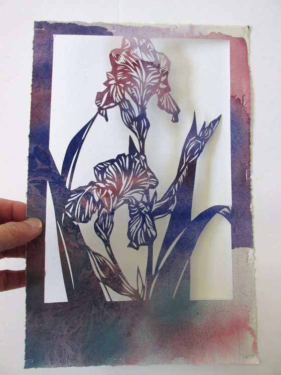 blue iris watercolor papercut