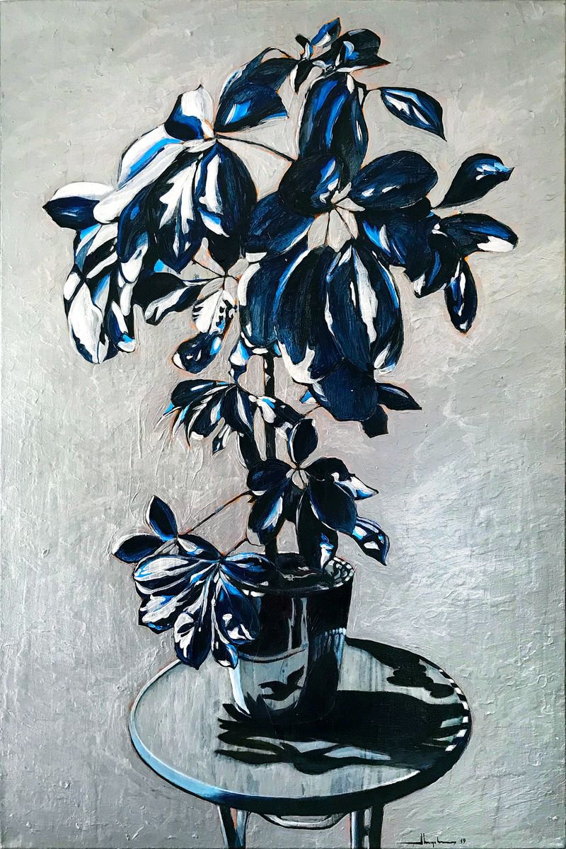 Urban And Pop Botanical Acrylic Painting By Alex Nizovsky, 24 X 36, A Plant In Silver, Original Artwork