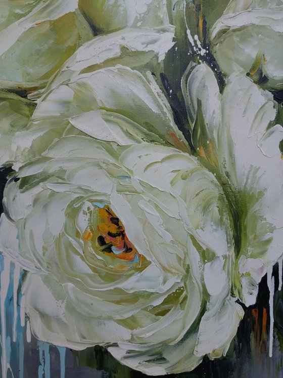White roses(60x70cm, oil painting, palette knife, ready to hang)