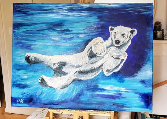 Polar bear 🐻‍❄️ , size 81 x 61 cm ( 32 x 24 inches)cute animal, turquoise, deep blue, ultramarine