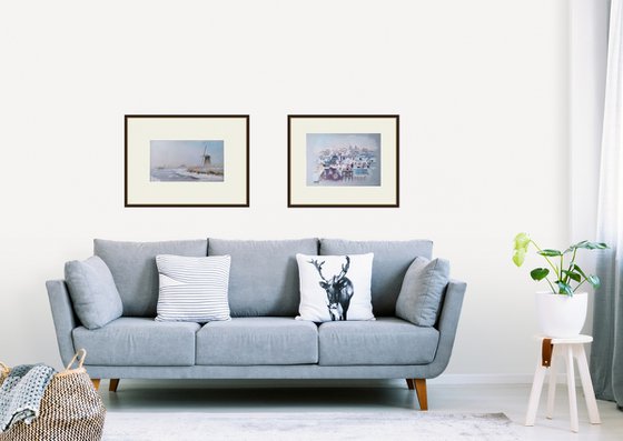 Flight over winter Amsterdam