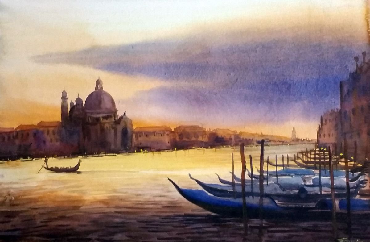 Cloudy Sunset Venice - Watercolor Painting by Samiran Sarkar