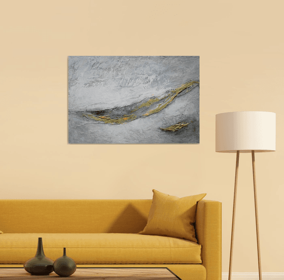 Large Abstract Large Large Abstract Painting. Gray and Gold, White. Modern Textured Art. Abstract Landscape