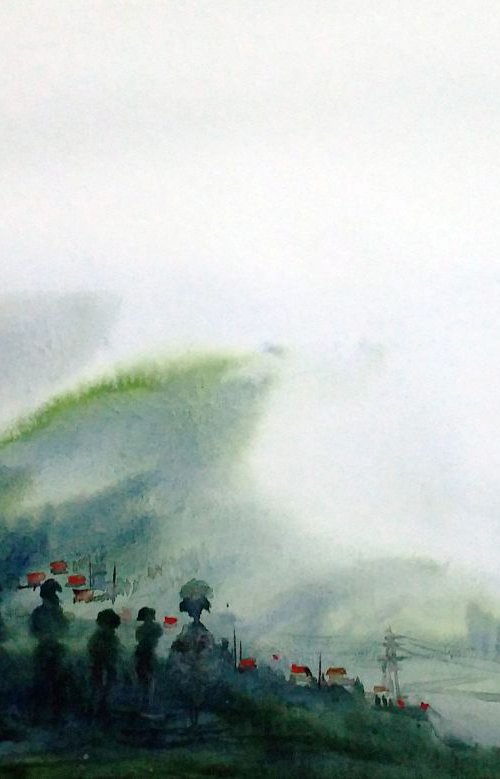 Cloudy Mountain Landscape - Watercolor on Paper by Samiran Sarkar